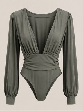 Bodysuit Olive Green Plunge Bishop Sleeve Womens Large Boho Chic Mobwife Glam